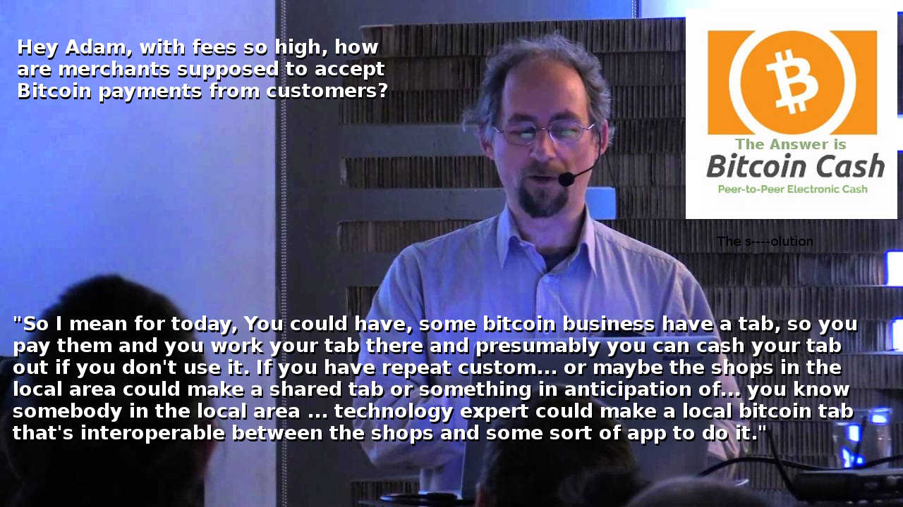 Hey Adam, with fees so high, how are merchants supposed to accept Bitcoin payments from customers? So I mean for today, you could have, some Bitcoin business have a tab, so you pay them and you work your tab there and presumably you can cash your tab out if you don't use it. If you have repeat custom... or maybe the shops in the local area could make a shared tab or something in anticipation of... you know somebody in the local area... technology expert could make a local bitcoin tab that's interoperable between the shops and some sort of app to do it.